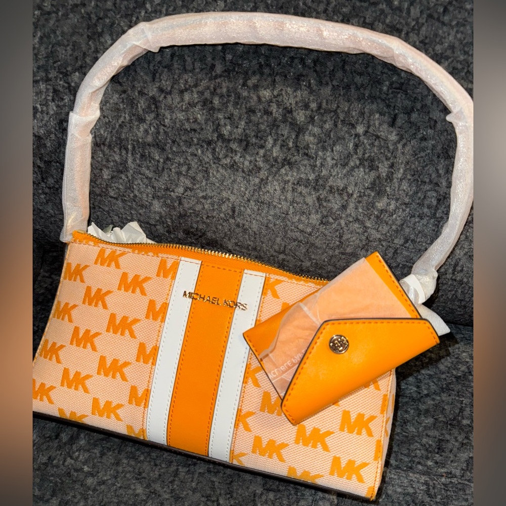 Michael Kors Vincent Orange Pop Logo Jacquard Purse with Card Case NWT